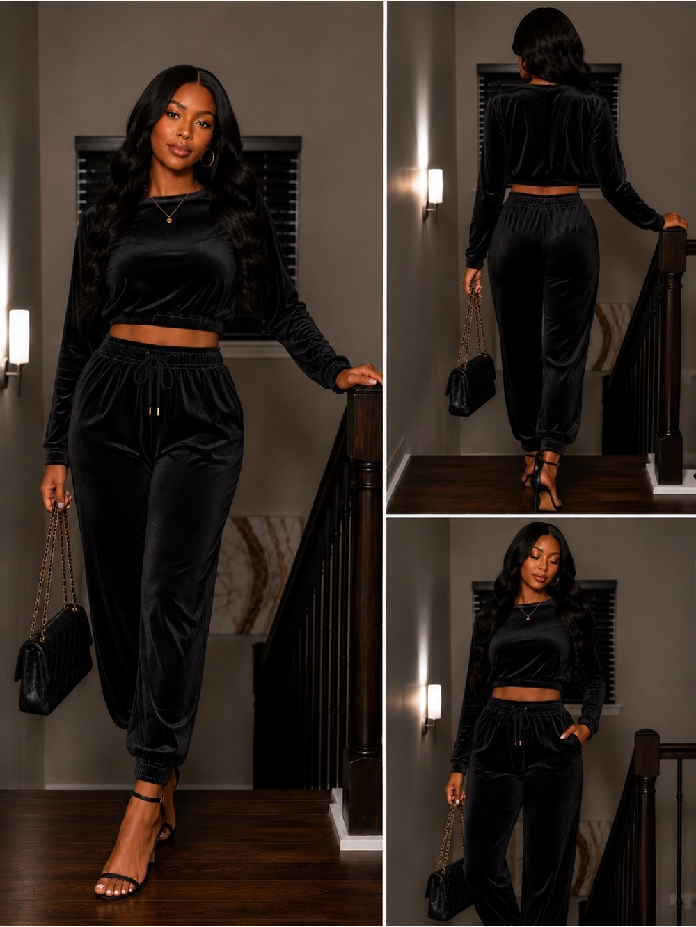 Bozzolo Black Velvet Crop Top & Jogger Pants Set